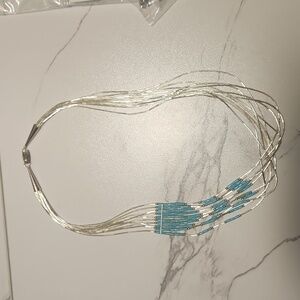 Southwest Style Turquoise Simulant with Liquid Sterling Silver Strand Necklace